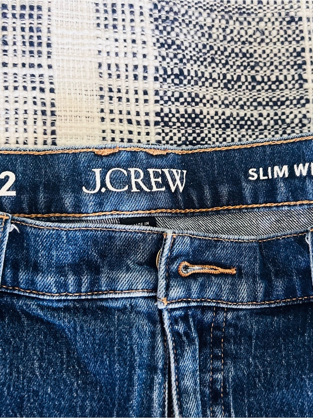 J. Crew Slim Jeans in Dark Blue Denim with Tan Stitching